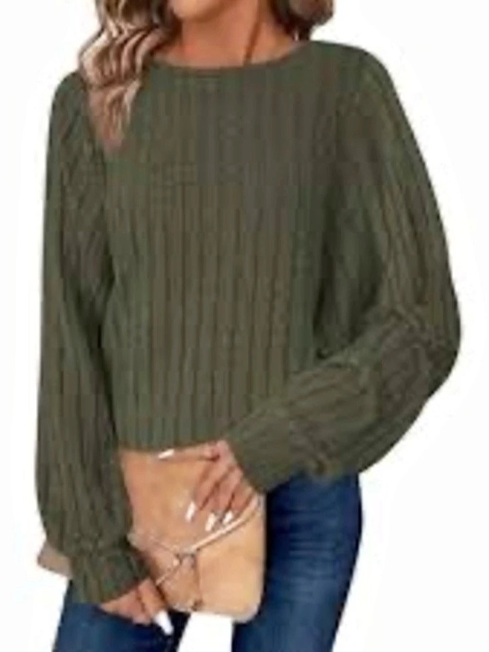 Madewell Brush Ribbed Top Womens Medium Green 3/4 Blouson Sleeve Sweater